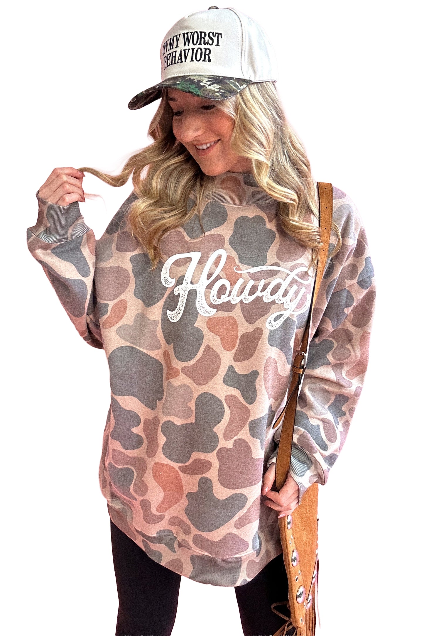 Multicolour Camo Print Howdy Western Style Baggy Pullover Sweatshirt