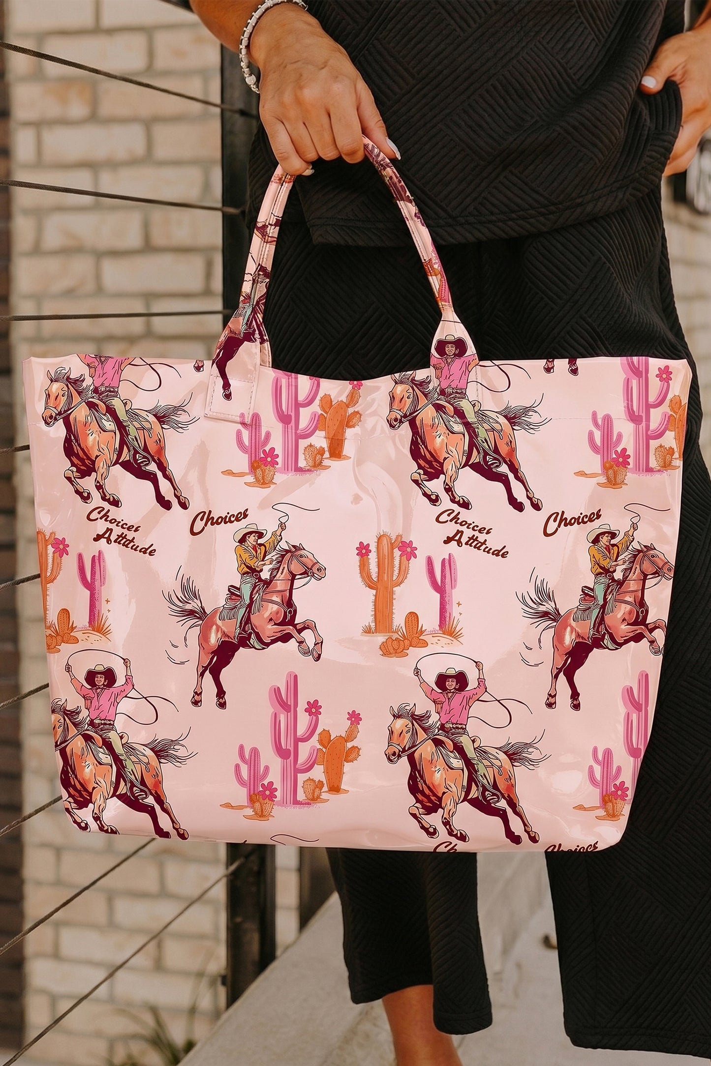 Light Pink Cowboy Western Pattern Vinyl Glossy Tote Bag