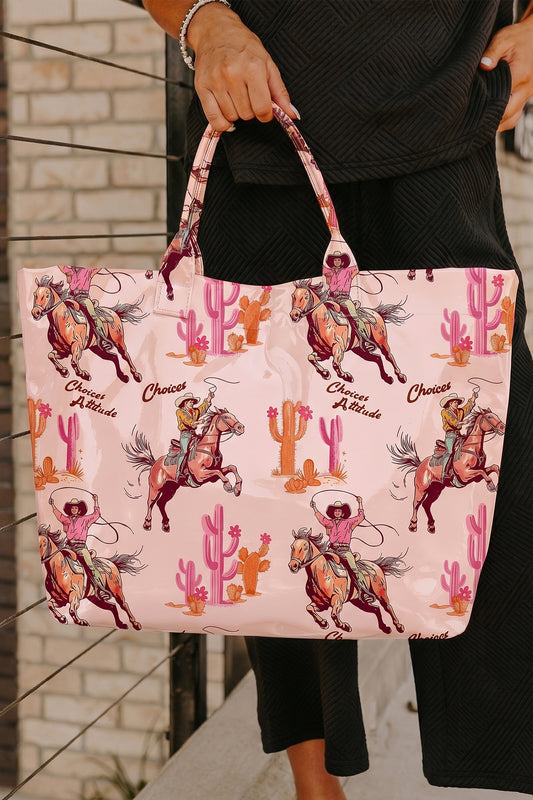 Light Pink Cowboy Western Pattern Vinyl Glossy Tote Bag
