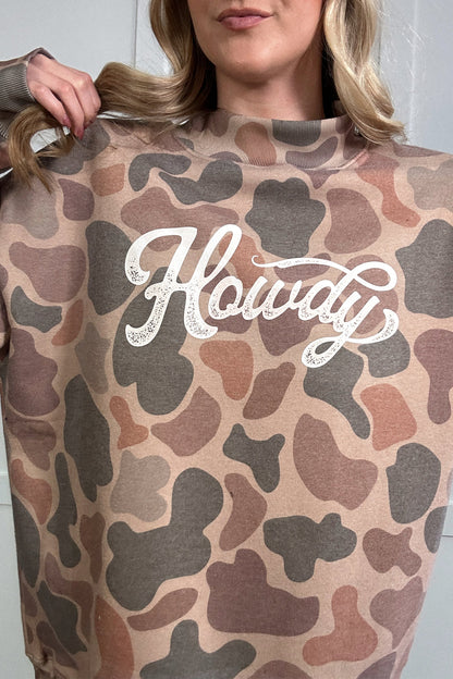 Multicolour Camo Print Howdy Western Style Baggy Pullover Sweatshirt