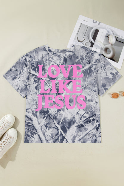 Gray Woodland Camouflage LOVE LIKE JESUS Plus Size T Shirt