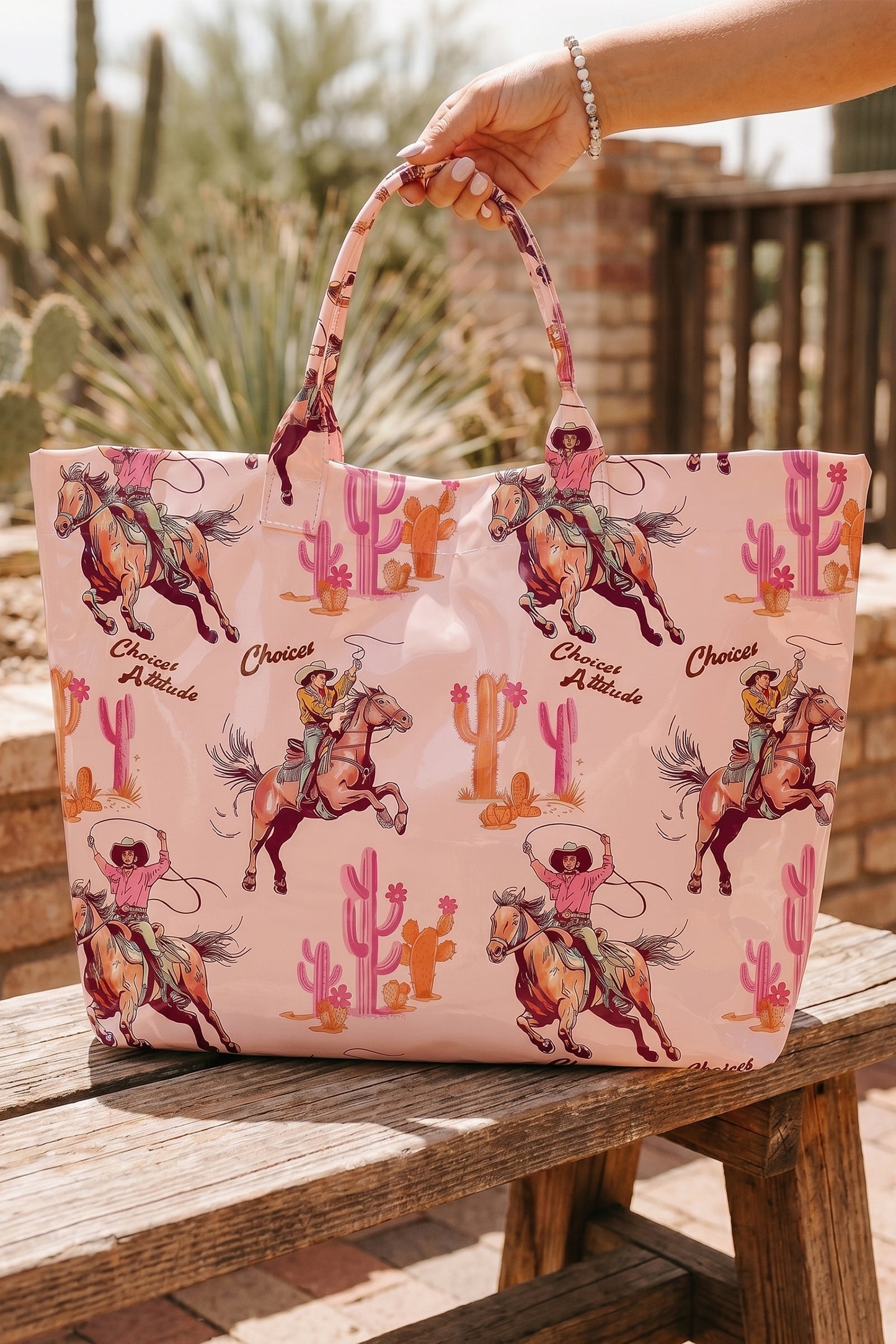 Light Pink Cowboy Western Pattern Vinyl Glossy Tote Bag