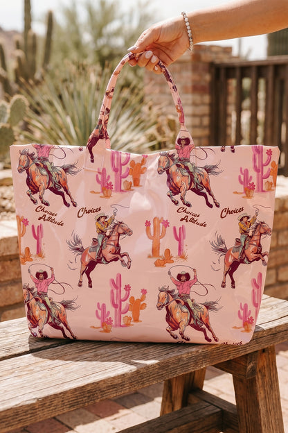Light Pink Cowboy Western Pattern Vinyl Glossy Tote Bag