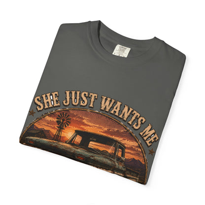 Classic Truck Sunset Tee — "She Just Wants Me For My Body" Vintage Pickup T-Shirt