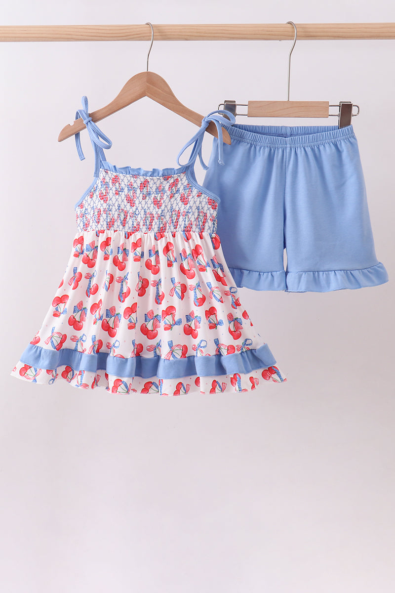 Girls Blue Cherry Ruffle Tunic & Shorts Set
