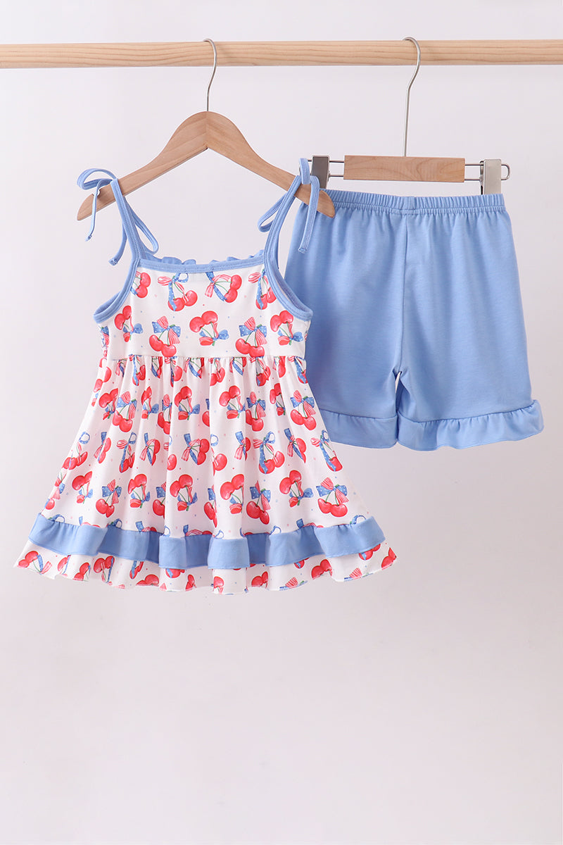 Girls Blue Cherry Ruffle Tunic & Shorts Set
