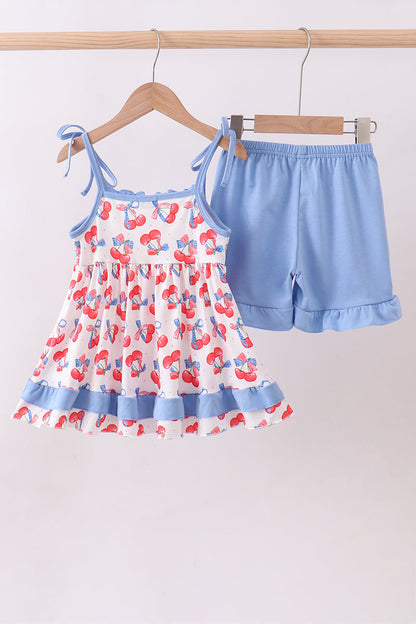 Girls Blue Cherry Ruffle Tunic & Shorts Set