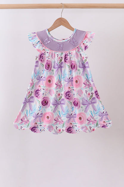 Purple Bow Embroidered Floral Scalloped Dress