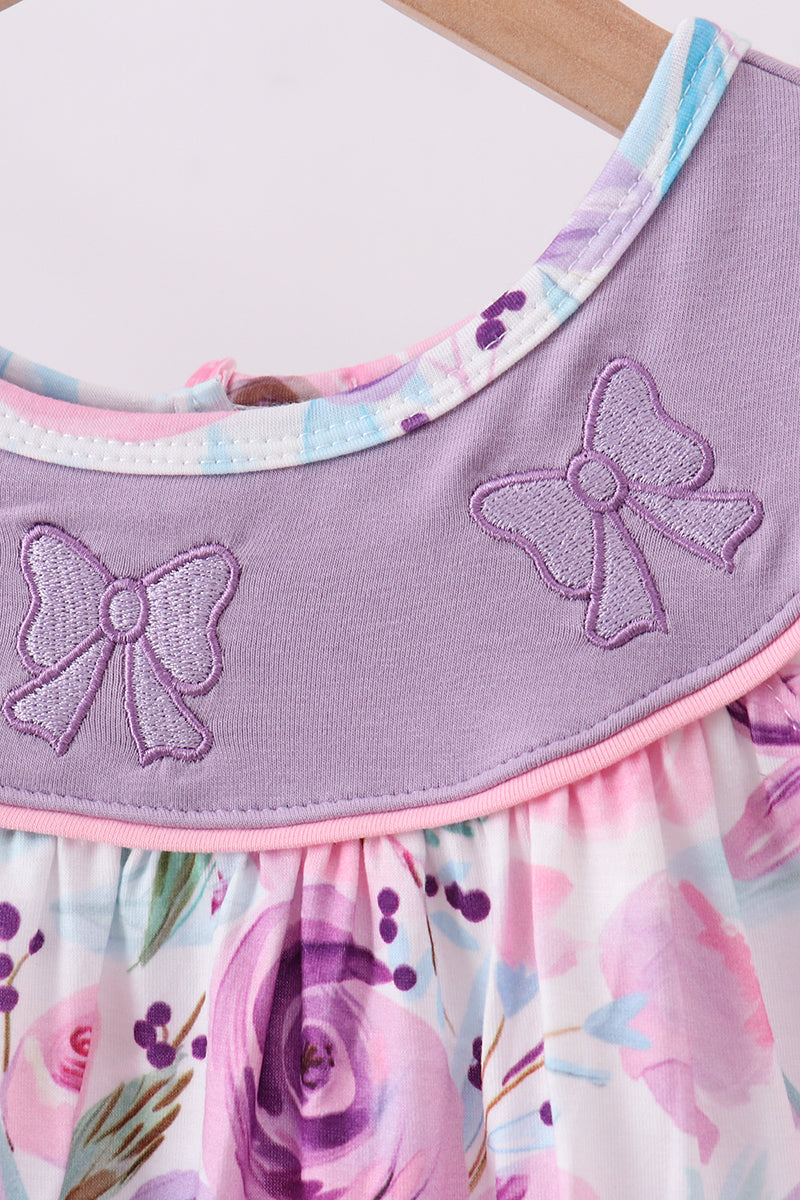 Purple Bow Embroidered Floral Scalloped Dress
