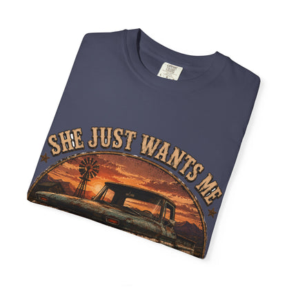 Classic Truck Sunset Tee — "She Just Wants Me For My Body" Vintage Pickup T-Shirt