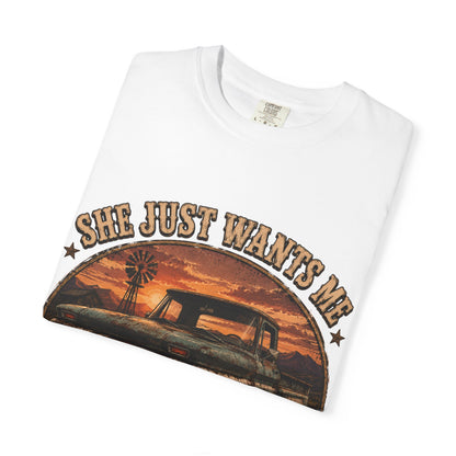 Classic Truck Sunset Tee — "She Just Wants Me For My Body" Vintage Pickup T-Shirt