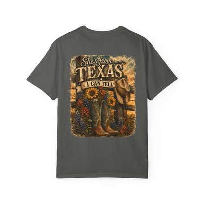 Texas Graphic T-Shirt — “She’s From Texas I Can Tell” Vintage Cowboy Tee