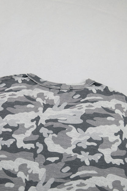 Green Retro Camouflage Print Raw Edge V Neck Tee
