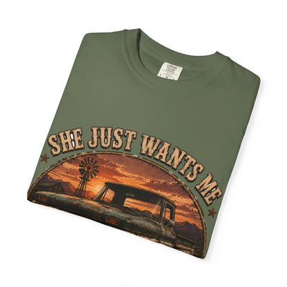 Classic Truck Sunset Tee — "She Just Wants Me For My Body" Vintage Pickup T-Shirt