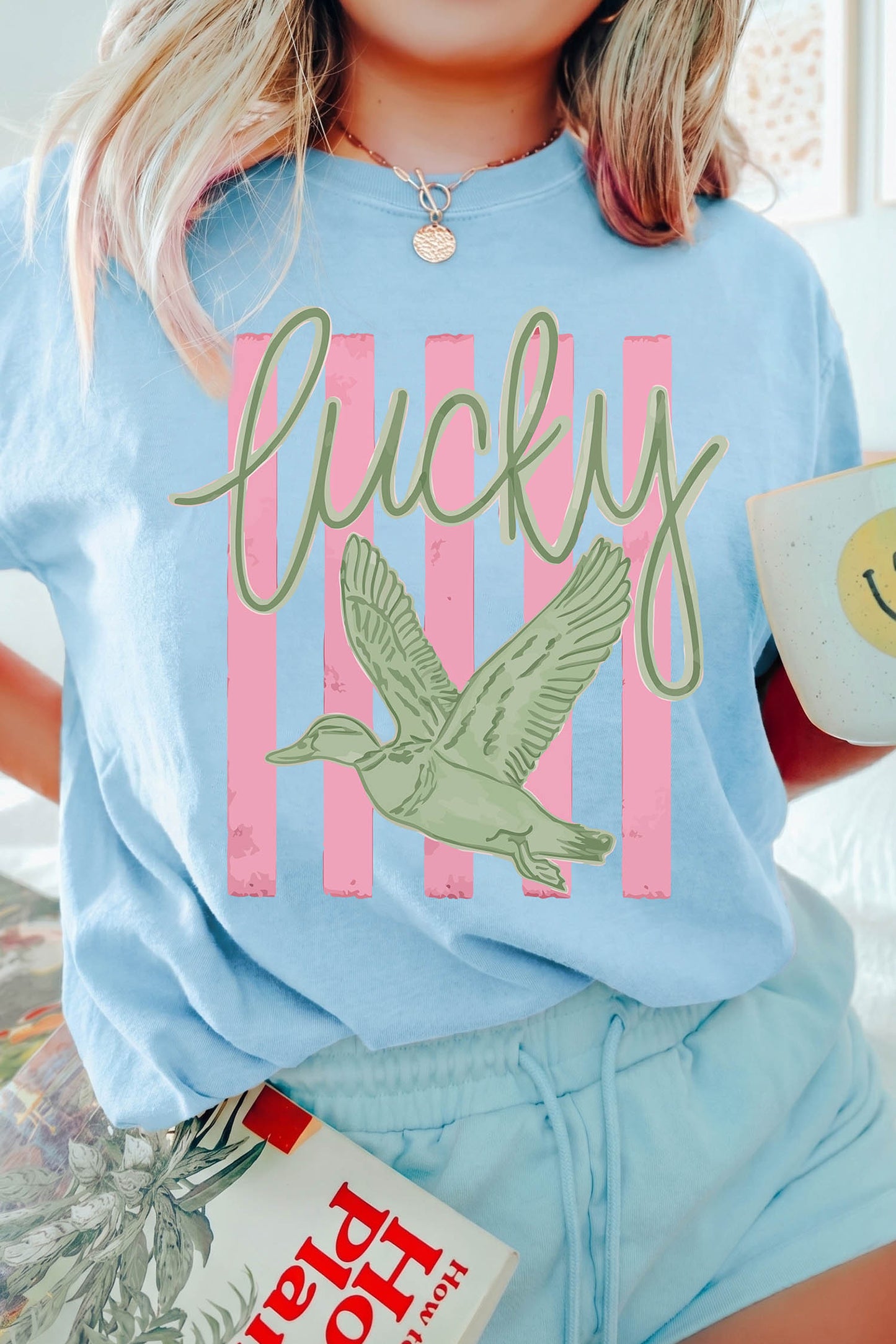 Light Blue Lucky Duck Print Casual Round Neck T Shirt