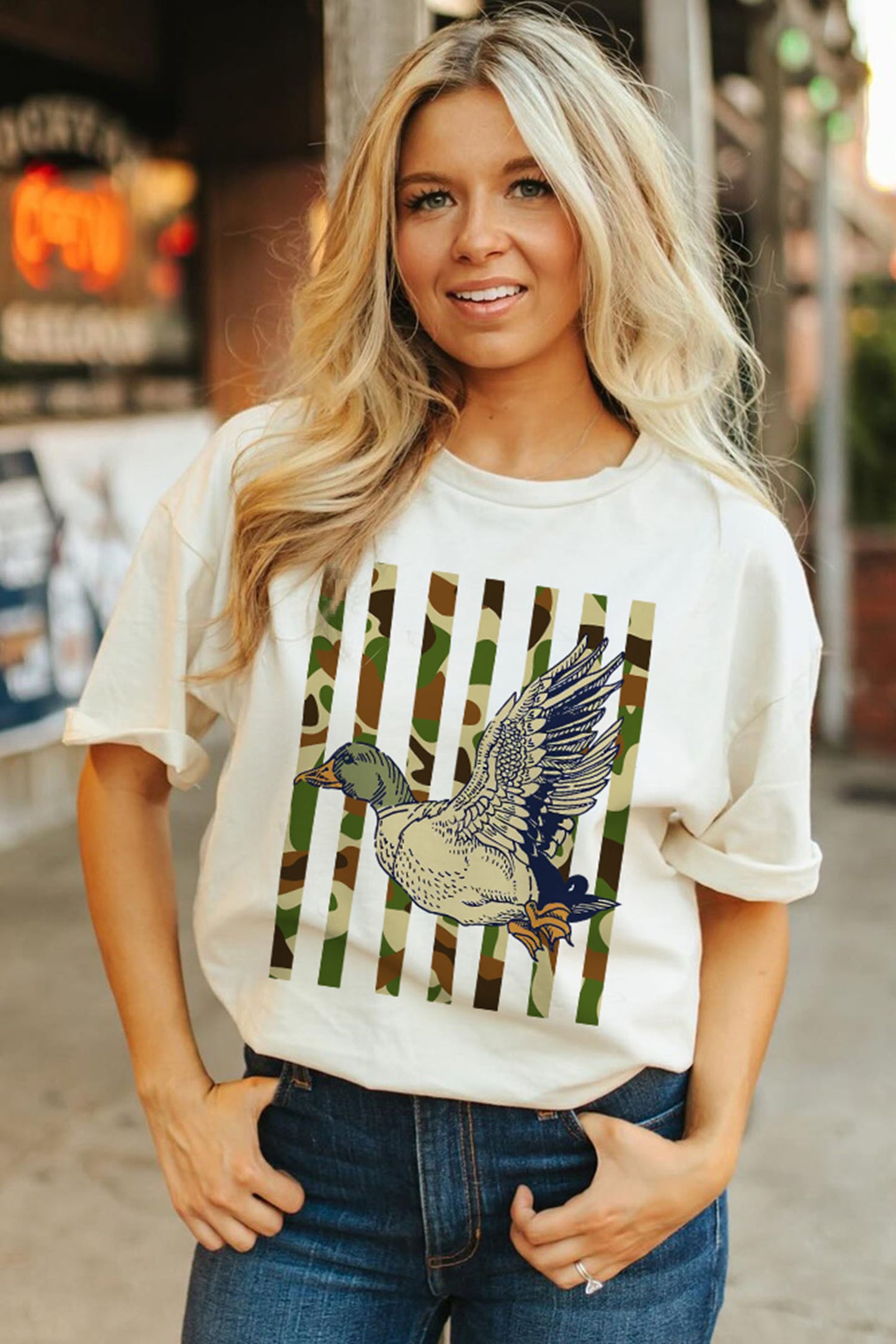 White Western Camo Duck Striped Print Cuffed Short Sleeve T-Shirt