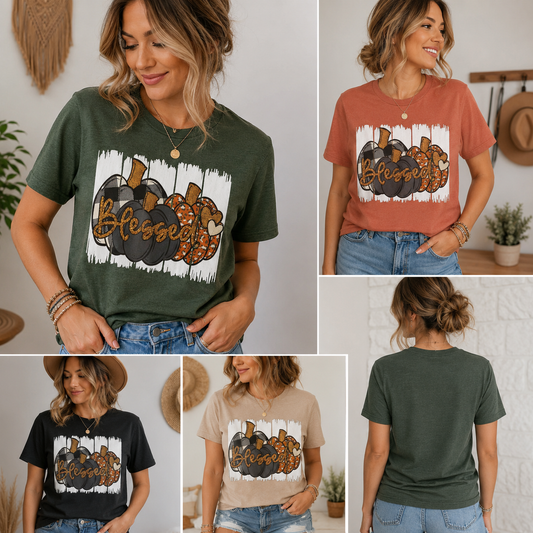 Blessed Pumpkin Graphic T-Shirt | Cute Fall Christian Tee | Women's Autumn Shirt | Thanksgiving Graphic Tee