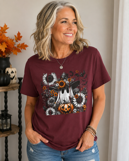 Floral Ghost Halloween T-Shirt | Cute Boho Ghost Pumpkin Tee | Women's Fall Graphic Shirt