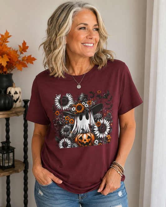 Floral Ghost Halloween T-Shirt | Cute Boho Ghost Pumpkin Tee | Women's Fall Graphic Shirt