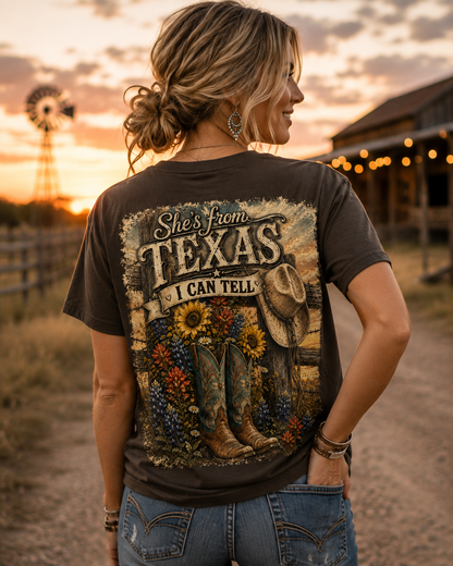 Texas Graphic T-Shirt — “She’s From Texas I Can Tell” Vintage Cowboy Tee