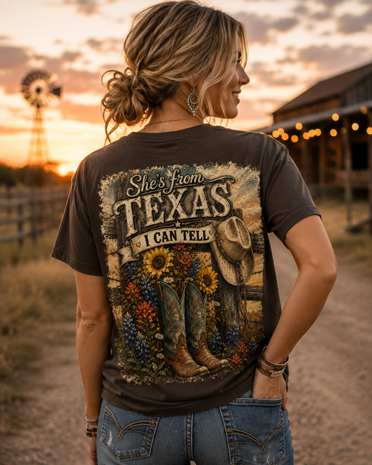 Texas Graphic T-Shirt — “She’s From Texas I Can Tell” Vintage Cowboy Tee