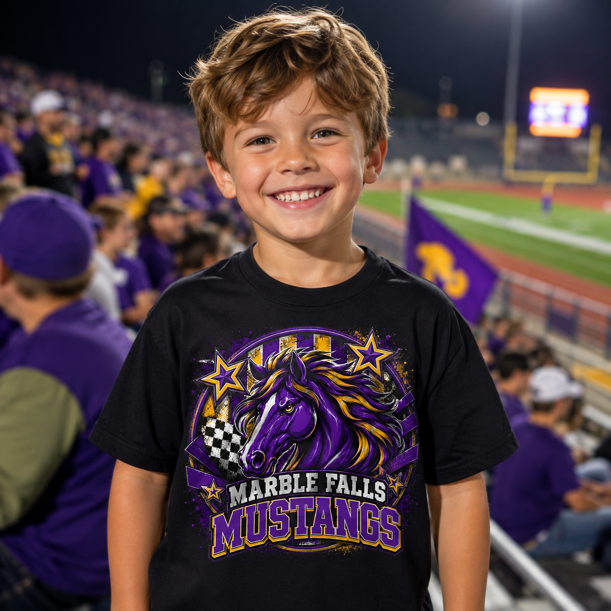 Marble Falls Mustangs Youth Tee — Purple Mustang School Spirit Shirt