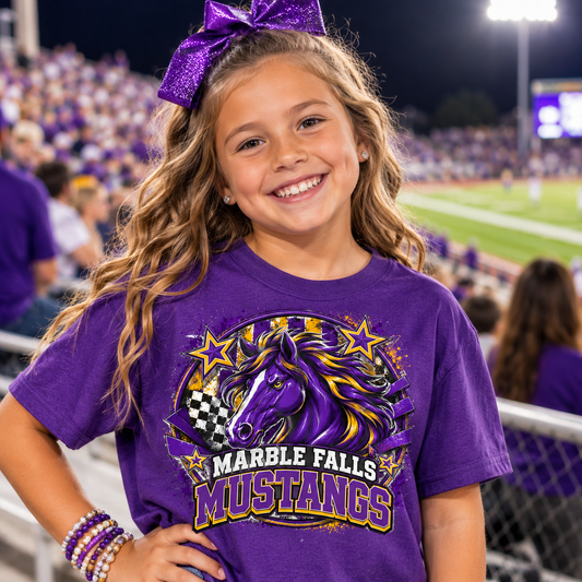 Marble Falls Mustangs Youth Tee — Purple Mustang School Spirit Shirt