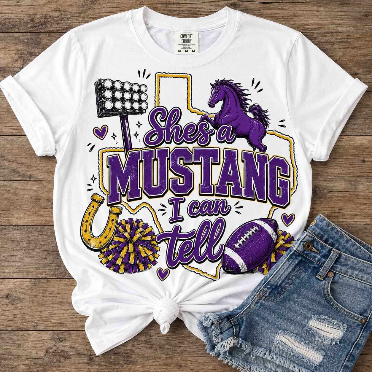 She’s a Mustang I Can’t Tell T-Shirt — School Spirit Football Tee
