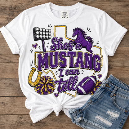 She’s a Mustang I Can’t Tell T-Shirt — School Spirit Football Tee