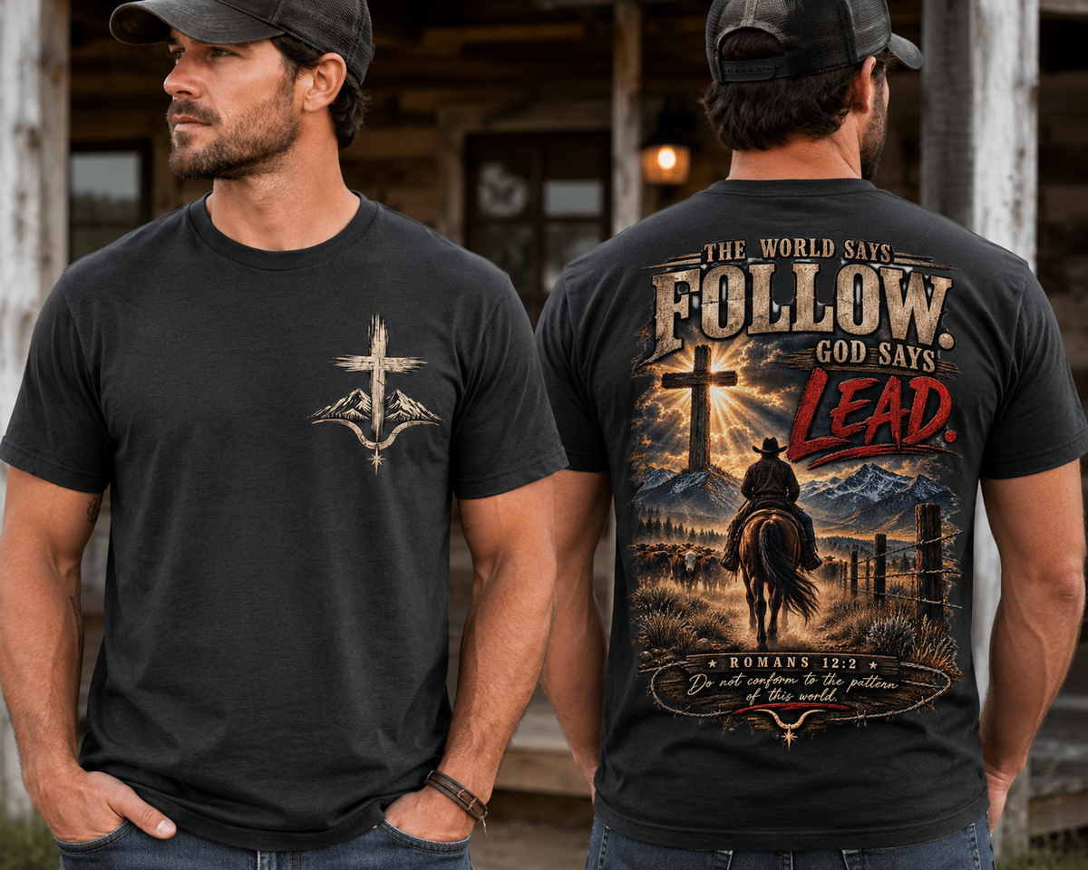 God Says Lead Western Christian T-Shirt | Romans 12:2 Cowboy Faith Tee