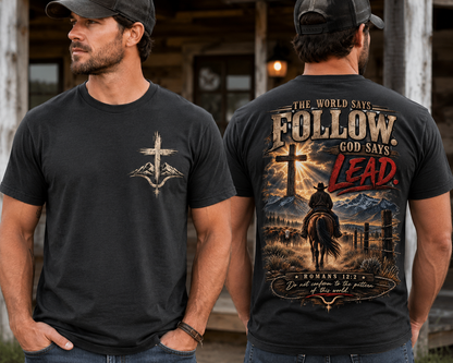 God Says Lead Western Christian T-Shirt | Romans 12:2 Cowboy Faith Tee