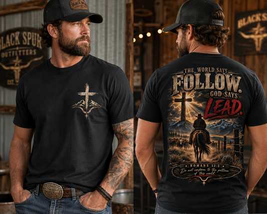God Says Lead Western Christian T-Shirt | Romans 12:2 Cowboy Faith Tee