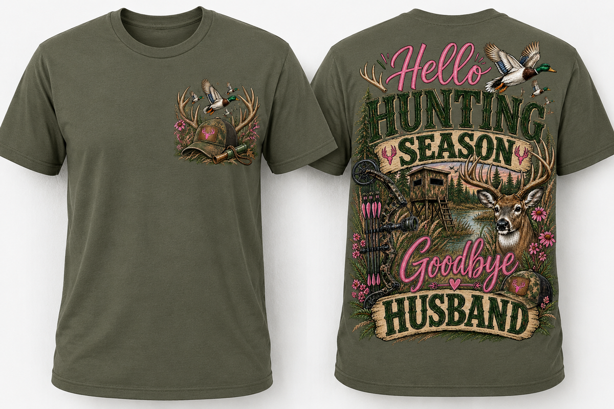 Hello Hunting Season Goodbye Husband Shirt | Women's Hunting Tee | Deer & Duck Hunting Shirt