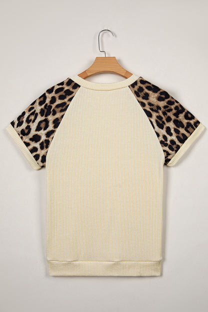 Apricot Ribbed Color Block Leopard Contrast Sleeve Loose Tee