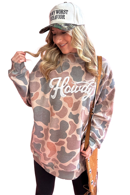 Multicolour Camo Print Howdy Western Style Baggy Pullover Sweatshirt