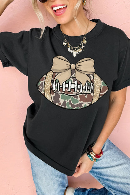 Black Camouflage Football Bow Graphic Casual Shift Tee