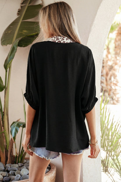 Rose Red Dolman Half Sleeve Leopard Patchwork Trim V Neck Blouse