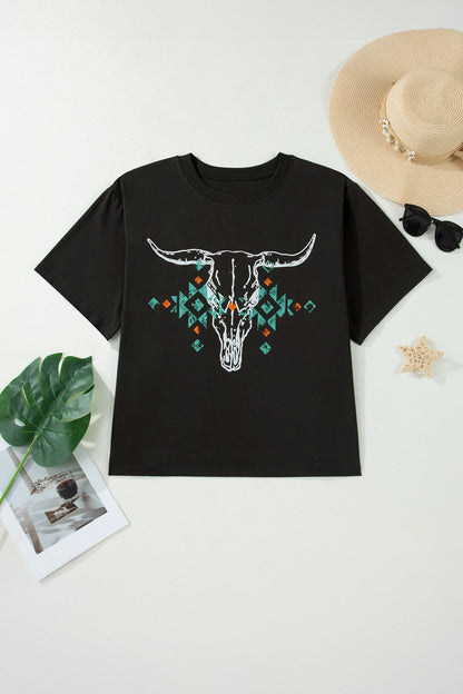 Plus Size Western Aztec Bull Skull Printed T Shirt
