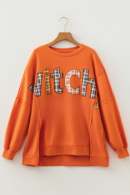 Flamingo Halloween Witchy Plaid Slogan Embroidered Patch Tunic Sweatshirt