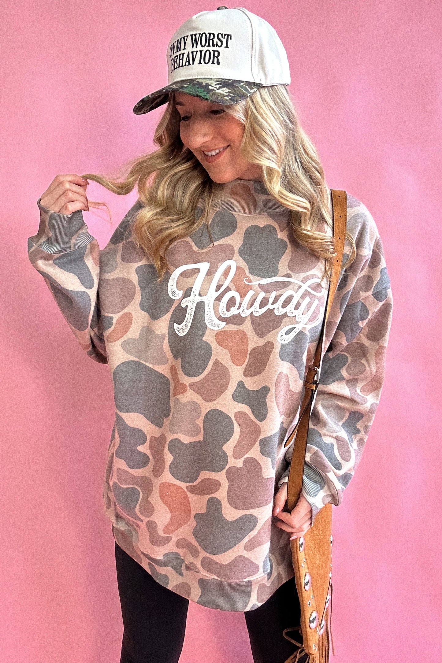 Multicolour Camo Print Howdy Western Style Baggy Pullover Sweatshirt