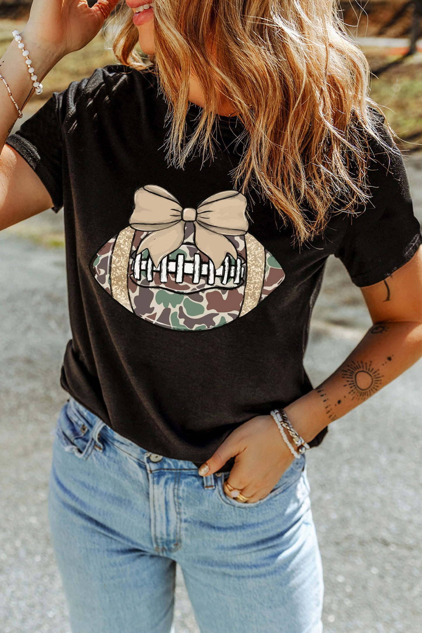 Black Camouflage Football Bow Graphic Casual Shift Tee