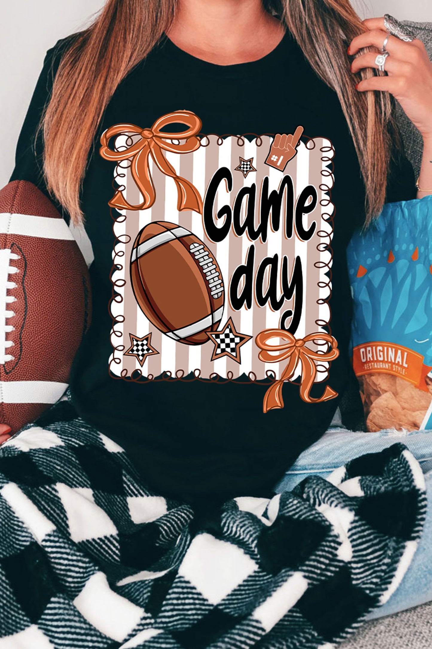 Black Casual Game Day Football Striped Tee
