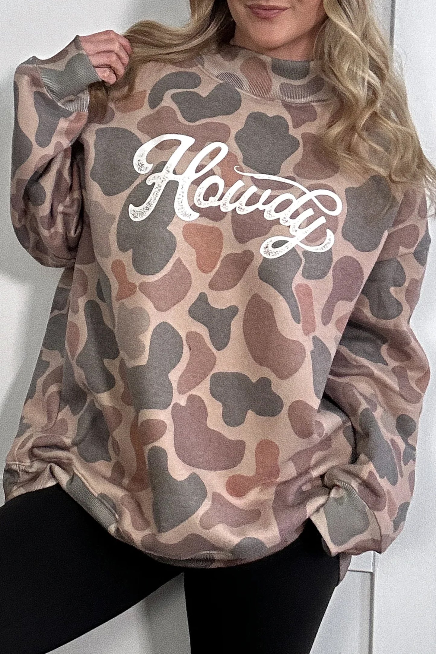 Multicolour Camo Print Howdy Western Style Baggy Pullover Sweatshirt