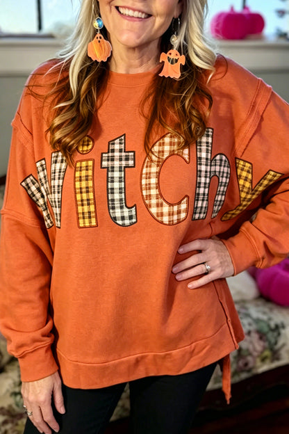 Flamingo Halloween Witchy Plaid Slogan Embroidered Patch Tunic Sweatshirt