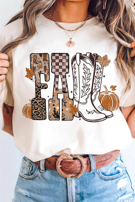 White FALL Letter Print Western Thanksgiving Graphic T-Shirt
