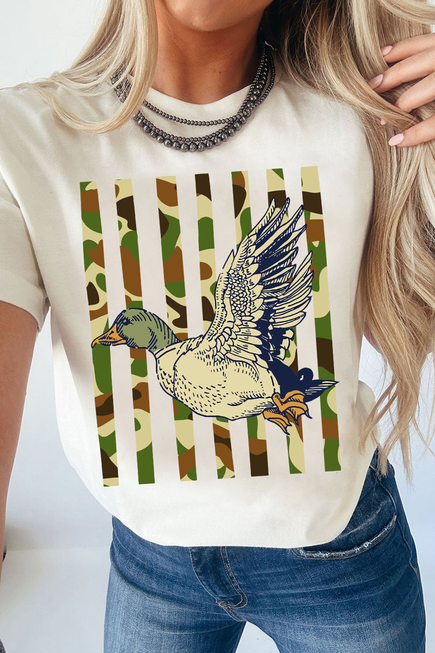 White Western Camo Duck Striped Print Cuffed Short Sleeve T-Shirt