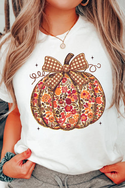 White Floral Pumpkin Print Round Neck Short Sleeve T-Shirt