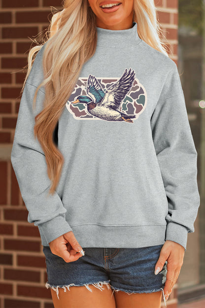 Gray Mallard Duck Camouflage Print Mock Neck Sweatshirt