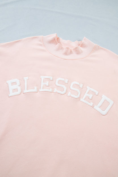 Light Pink BLESSED Embroidered Trim Patch Graphic Plus Size Mock Neck Sweatshirt