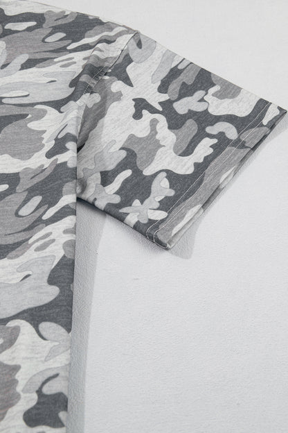Green Retro Camouflage Print Raw Edge V Neck Tee